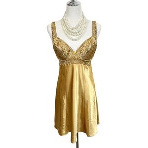 Vintage Victoria's Secret Gold Satin Lace Chemise Babydoll Size L Y2K Fairycore